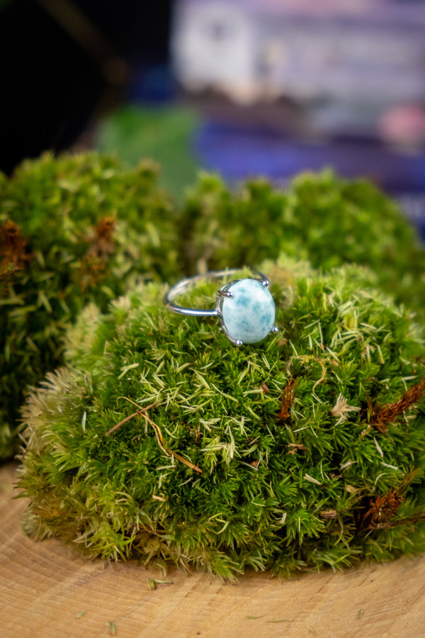 Larimar Sterling Silver Adjustable Ring, Calming Crystal Ring, Caribbean Blue Stone, Throat Chakra, Stress Relief, Emotional Healing