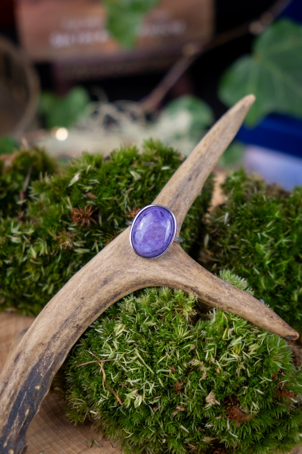 Charoite Crystal Sterling Silver Adjustable Ring, Rare Purple Gemstone, Spiritual Protection, Transformation, Intuition & Healing