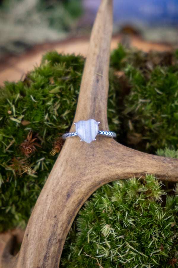 Blue Lace Agate Heart Ring, Sterling Silver, Dainty, Stackable, Adjustable, Crystal Healing Jewellery