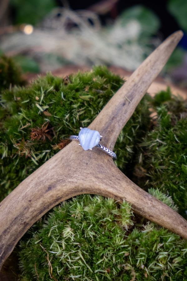 Blue Lace Agate Heart Ring, Sterling Silver, Dainty, Stackable, Adjustable, Crystal Healing Jewellery