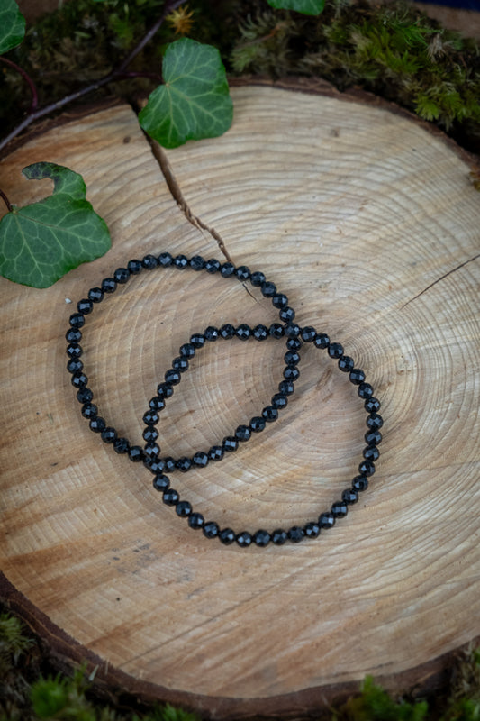 Black Tourmaline 4mm Faceted Gemstone Bracelet, Energy Shielding Crystal Jewellery, Grounding Stone, EMF Protection, Root Chakra Balance