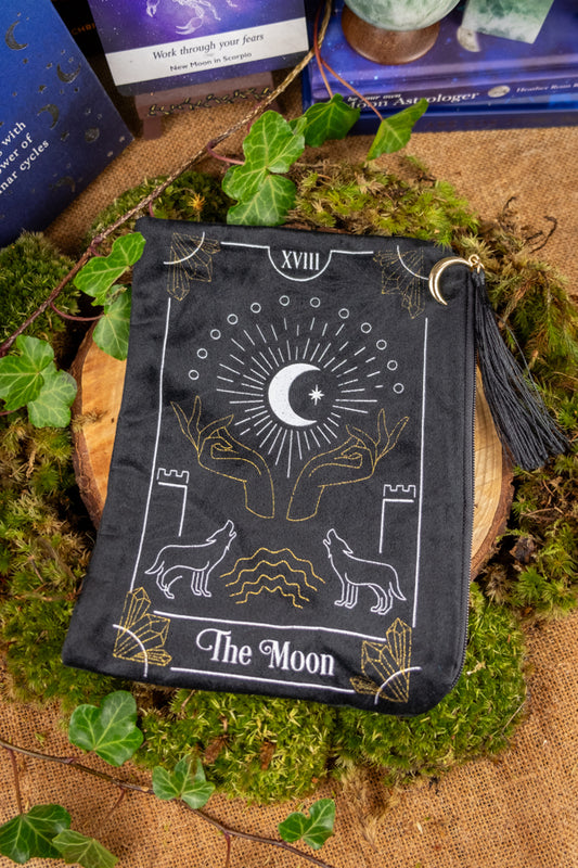 Velvet Zipped Tarot Pouch, The perfect travel bag for your crystals, oracle cards and personal items, Tarot Moon Card Design