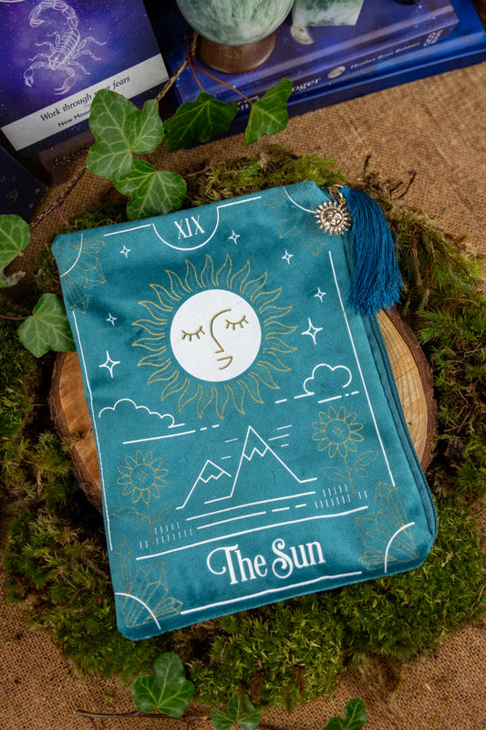 Velvet Zipped Tarot Pouch, Tarot Sun Card Design,The perfect travel bag for your crystals, oracle cards and personal items.