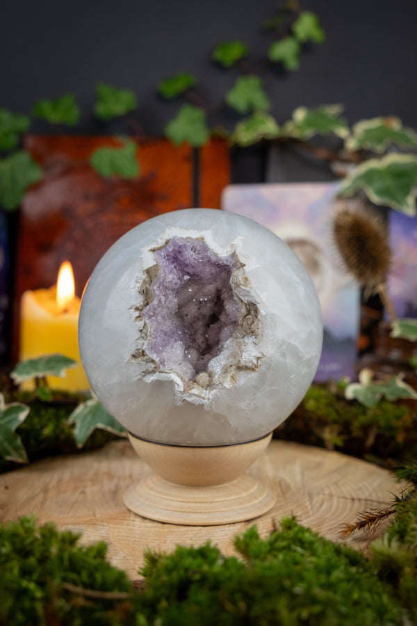 Rare Quartz Sphere with Amethyst Spirit Quartz Centre, High-Vibrational Crystal, Unique Gemstone for Energy Work & Spiritual Growth