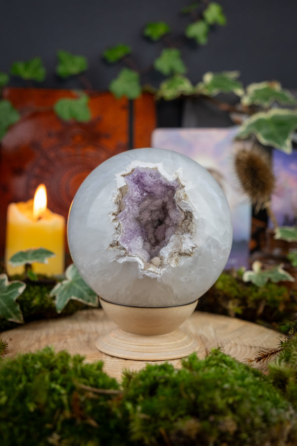 Rare Quartz Sphere with Amethyst Spirit Quartz Centre, High-Vibrational Crystal, Unique Gemstone for Energy Work & Spiritual Growth