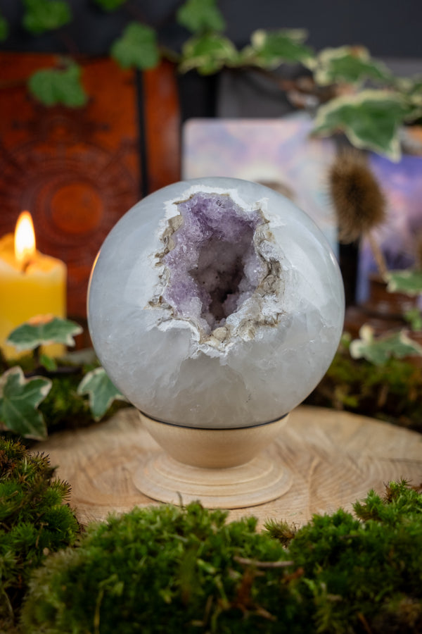 Rare Quartz Sphere with Amethyst Spirit Quartz Centre, High-Vibrational Crystal, Unique Gemstone for Energy Work & Spiritual Growth