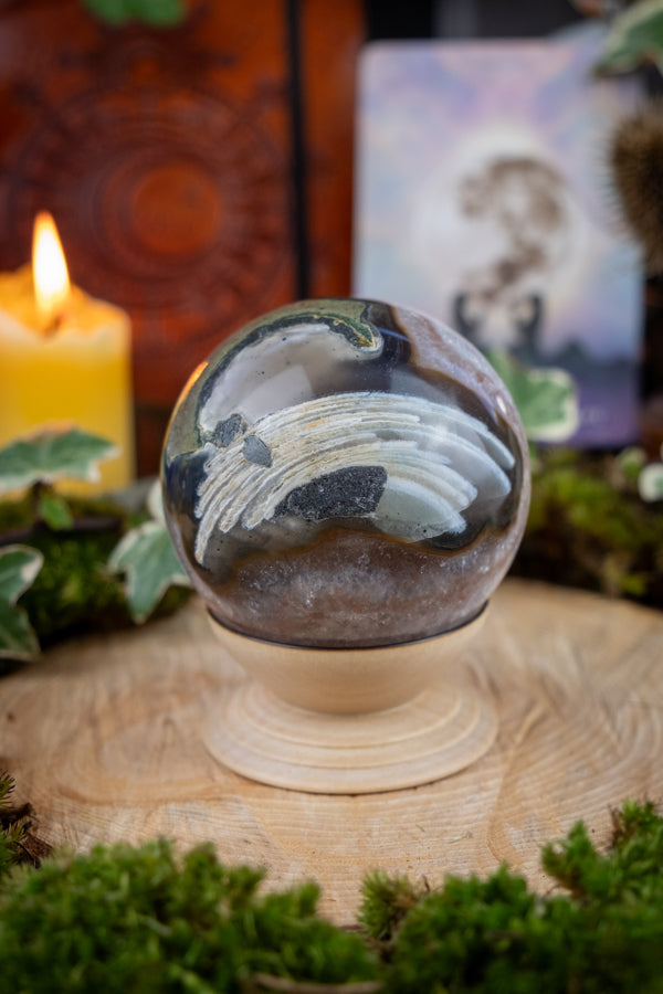 Quartz and Amethyst Sphere with Moss Agate Inclusions & Rare Angel Wing Markings, Healing Crystal, Spiritual Gemstone, Unique Energy Stone