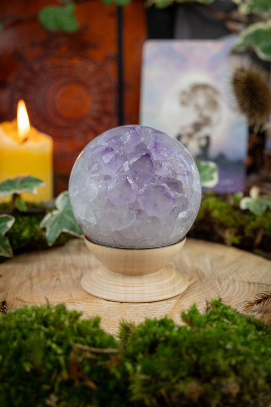 Quartz and Amethyst Sphere with Moss Agate Inclusions & Rare Angel Wing Markings, Healing Crystal, Spiritual Gemstone, Unique Energy Stone