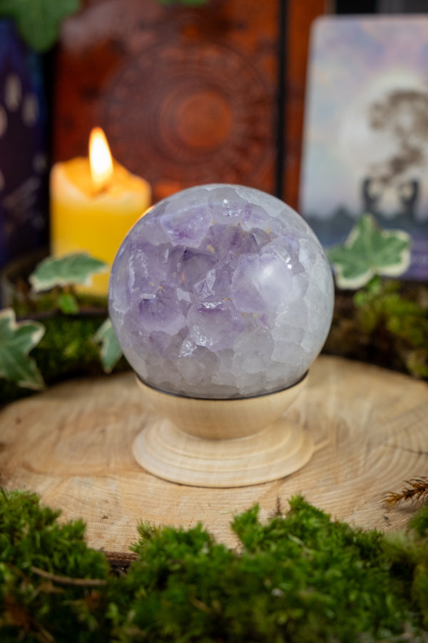 Quartz and Amethyst Sphere with Moss Agate Inclusions & Rare Angel Wing Markings, Healing Crystal, Spiritual Gemstone, Unique Energy Stone