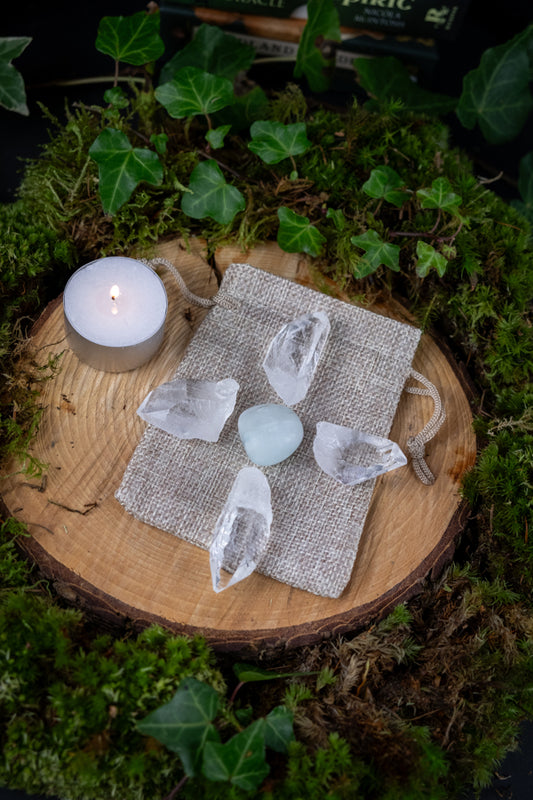 Communication Crystal Kit, Aquamarine tumble [focus] stone and Starbrary Quartz Points to amplify, Intention Setting, Crystal grids