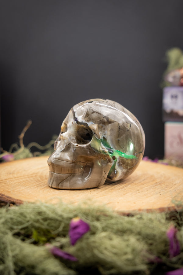 Volcano Agate Skull, UV Reactive, Natural Gemstone Carving, Crystal Skull for Protection, Transformation, Grounding and Insight