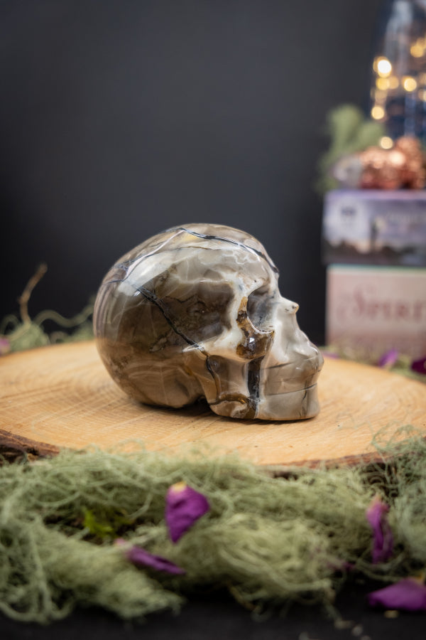 Volcano Agate Skull, UV Reactive, Natural Gemstone Carving, Crystal Skull for Protection, Transformation, Grounding and Insight