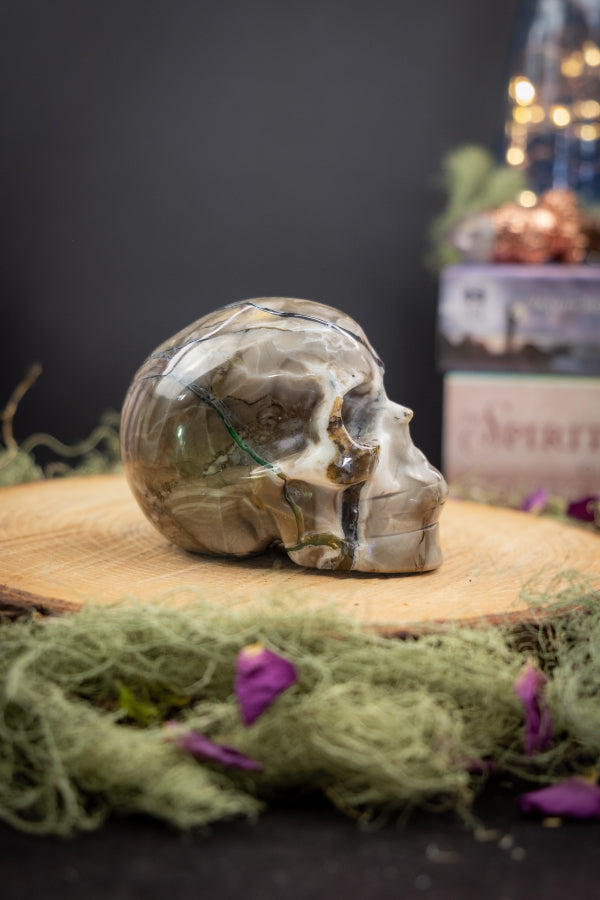 Volcano Agate Skull, UV Reactive, Natural Gemstone Carving, Crystal Skull for Protection, Transformation, Grounding and Insight