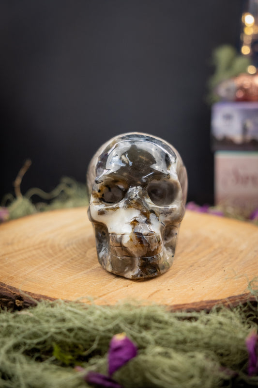 Volcano Agate Skull, UV Reactive, Natural Gemstone Carving, Crystal Skull for Protection, Transformation, Grounding and Insight