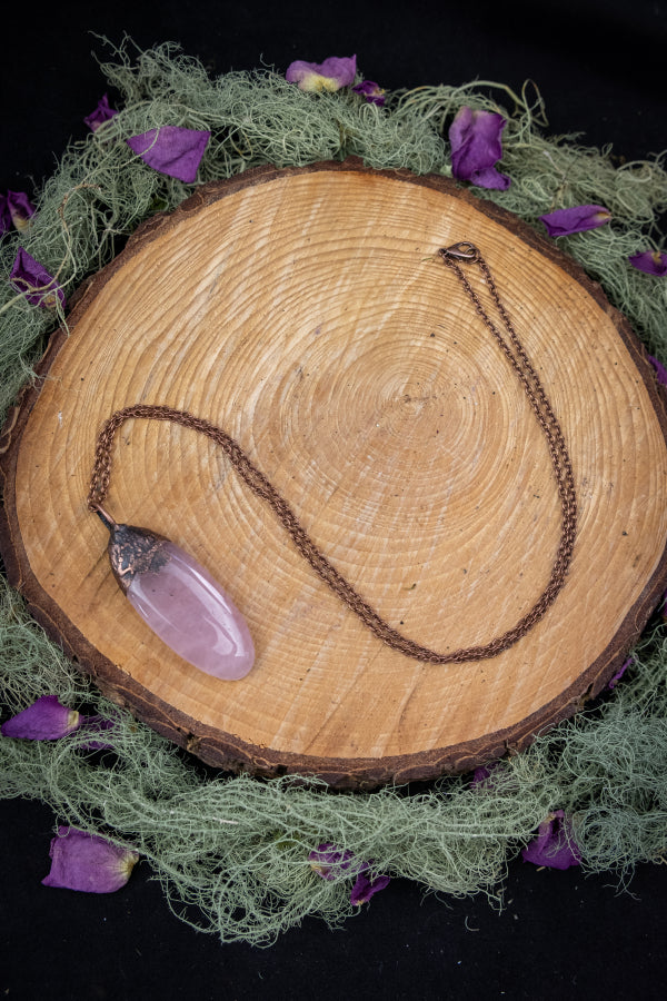Rose Quartz Copper Pendant, Electroformed Crystal Necklace, Handmade UK Artisan Jewellery, Healing Copper & Gemstone Jewellery, Boho style.