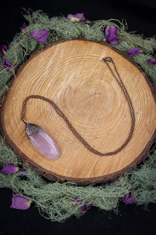 Rose Quartz Copper Pendant, Electroformed Crystal Necklace, Handmade UK Artisan Jewellery, Healing Copper & Gemstone Jewellery, Boho style.