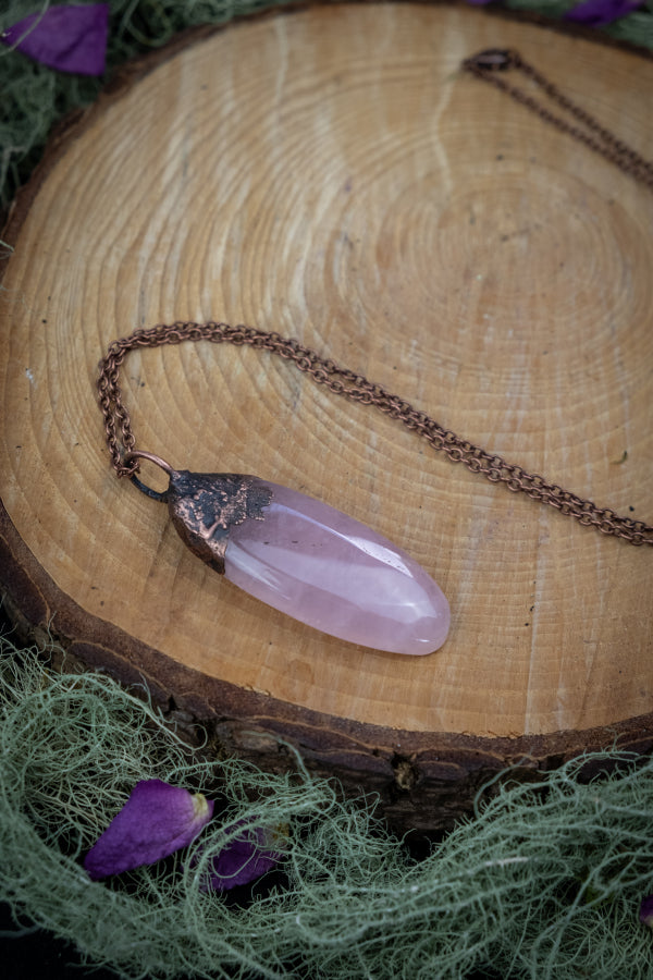 Rose Quartz Copper Pendant, Electroformed Crystal Necklace, Handmade UK Artisan Jewellery, Healing Copper & Gemstone Jewellery, Boho style.