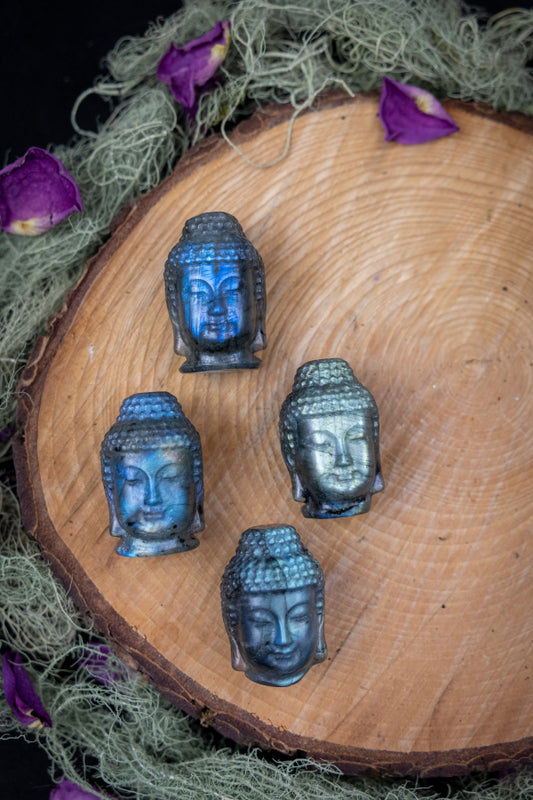 Labradorite Gemstone Buddha Head, Handcarved Crystal Statue for Protection, Intuition and Inner Wisdom, Meditation Gemstone Carving
