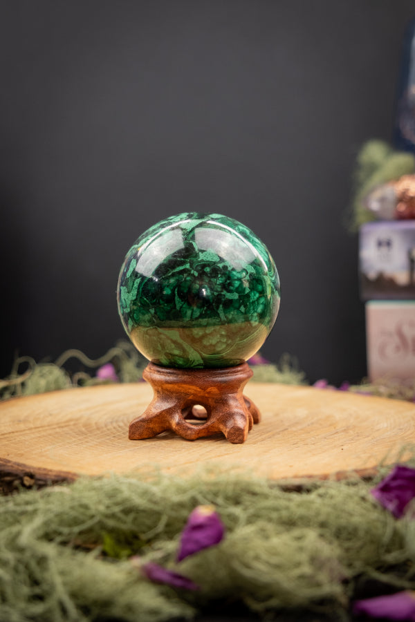 Malachite Sphere for Protection, Transformation, Emotional Healing, Heart Chakra, Crystal Ball, Polished Green Gemstone, Mineral Sphere