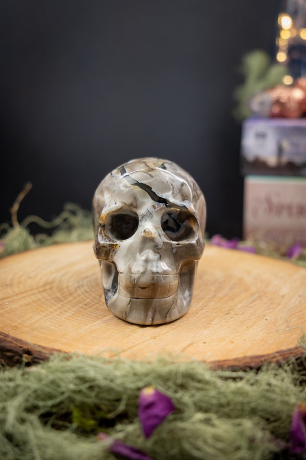 Volcano Agate Skull, UV Reactive, Natural Gemstone Carving, Crystal Skull for Protection, Transformation, Grounding and Insight