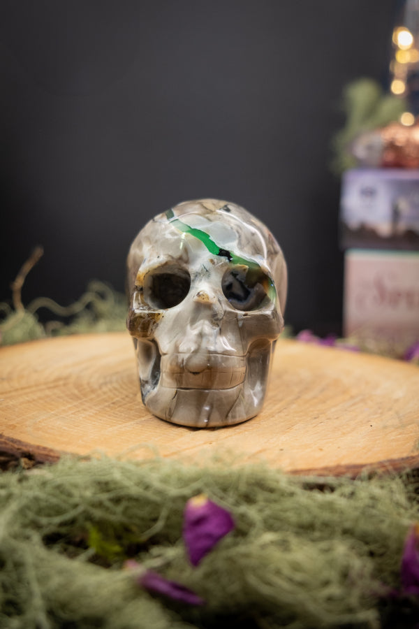 Volcano Agate Skull, UV Reactive, Natural Gemstone Carving, Crystal Skull for Protection, Transformation, Grounding and Insight