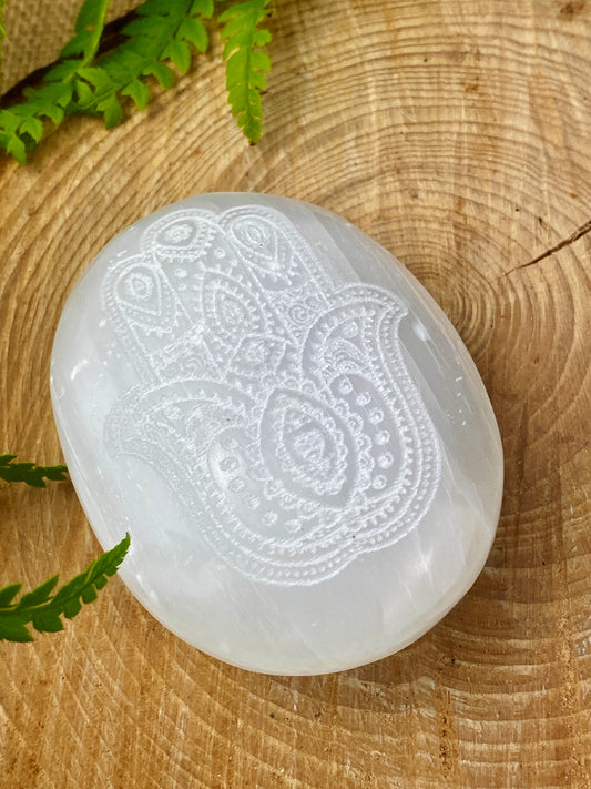 Selenite crystal Hamsa hand palm stone, Meditation crystal, Crown Chakra crystal.