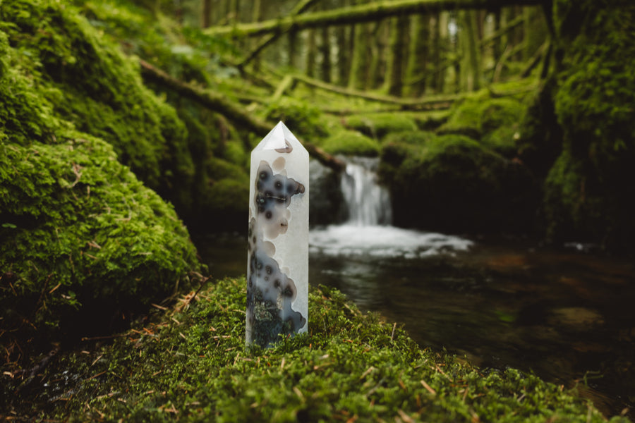 Moss Agate and Quartz crystal point, Rare find.