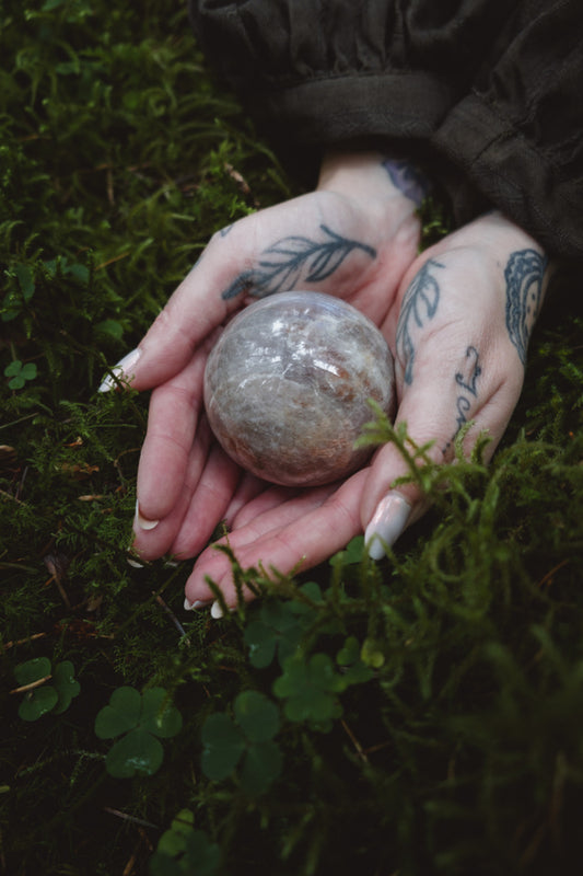 Natural Moonstone and Sunstone Crystal Sphere.