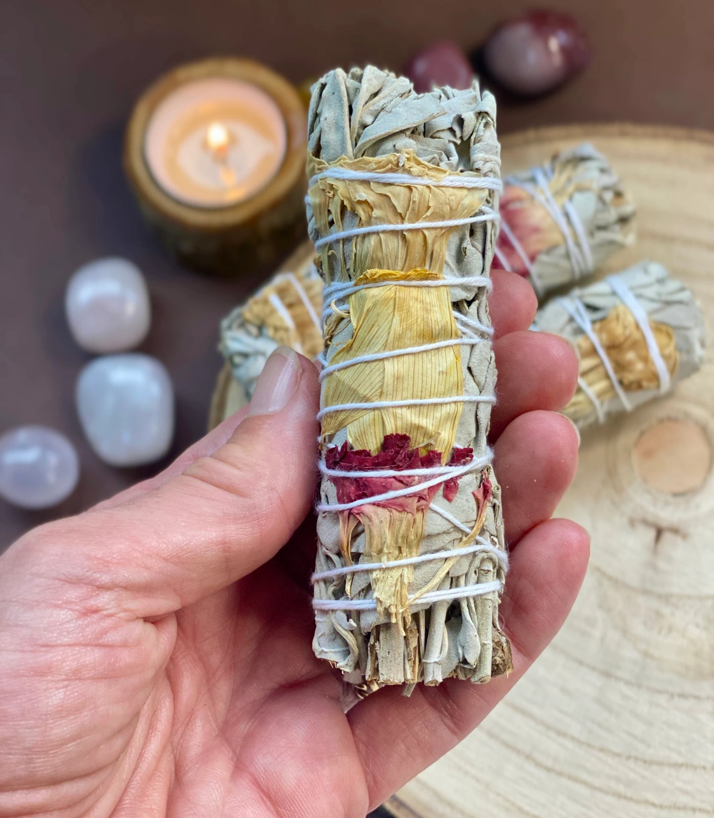 Sage Smudge Stick with Carnation petals, Cleanse your home, crystals, you, Attract love, Cleanse for protection.
