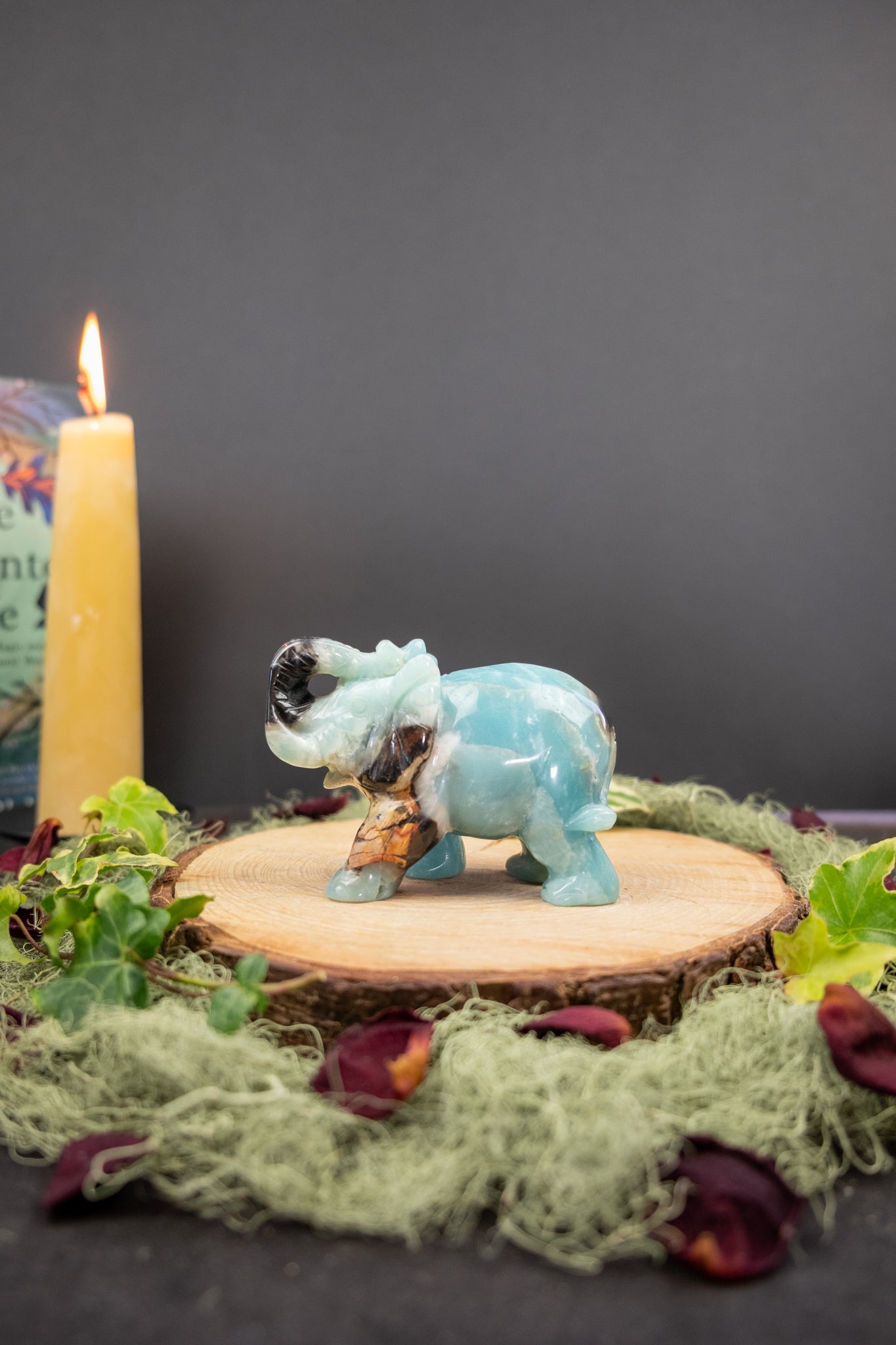Amazonite Elephant Carving, Deep Blue Amazonite with Black Tourmaline, Smokey Quartz and Iron Inclusions, Hand Carved Crystal Guardian