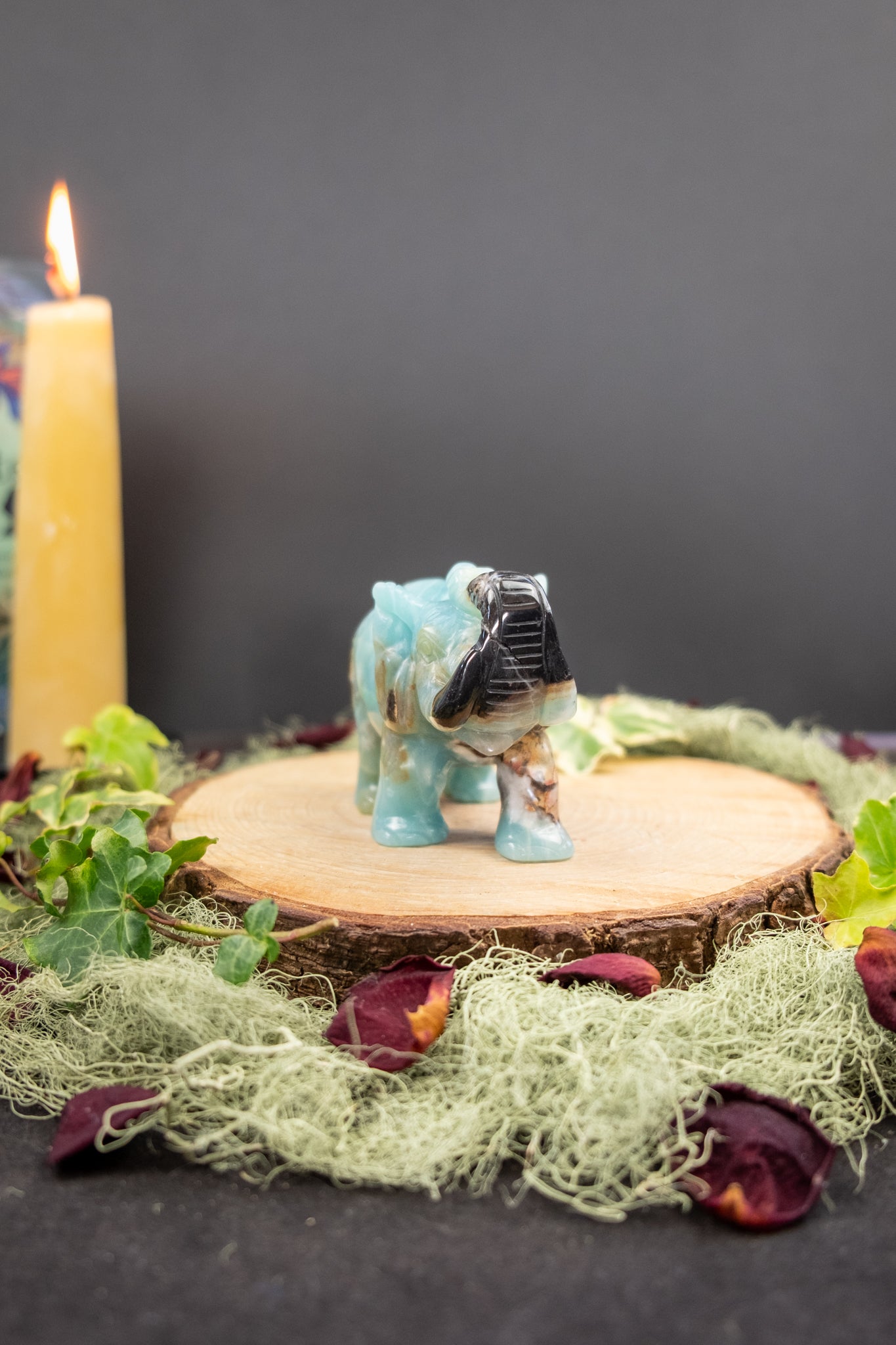 Amazonite Elephant Carving, Deep Blue Amazonite with Black Tourmaline, Smokey Quartz and Iron Inclusions, Hand Carved Crystal Guardian