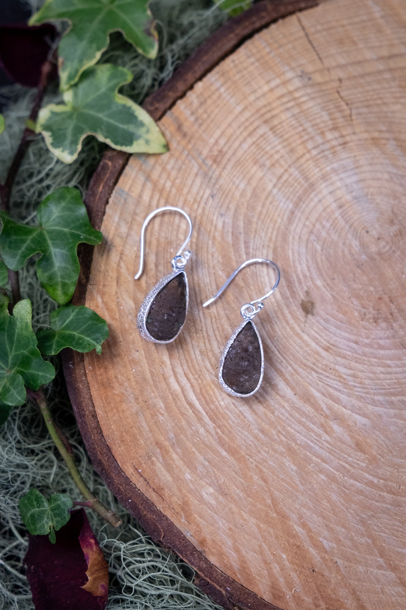 Agni Mani Tektite Sterling Silver Earrings, Natural Meteorite Glass, Grounding Protection Jewellery