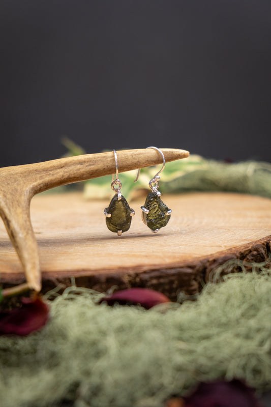 Moldavite Sterling Silver Teardrop Earrings, Natural Moldavite Crystal Jewellery, Transformation and Awakening Stone