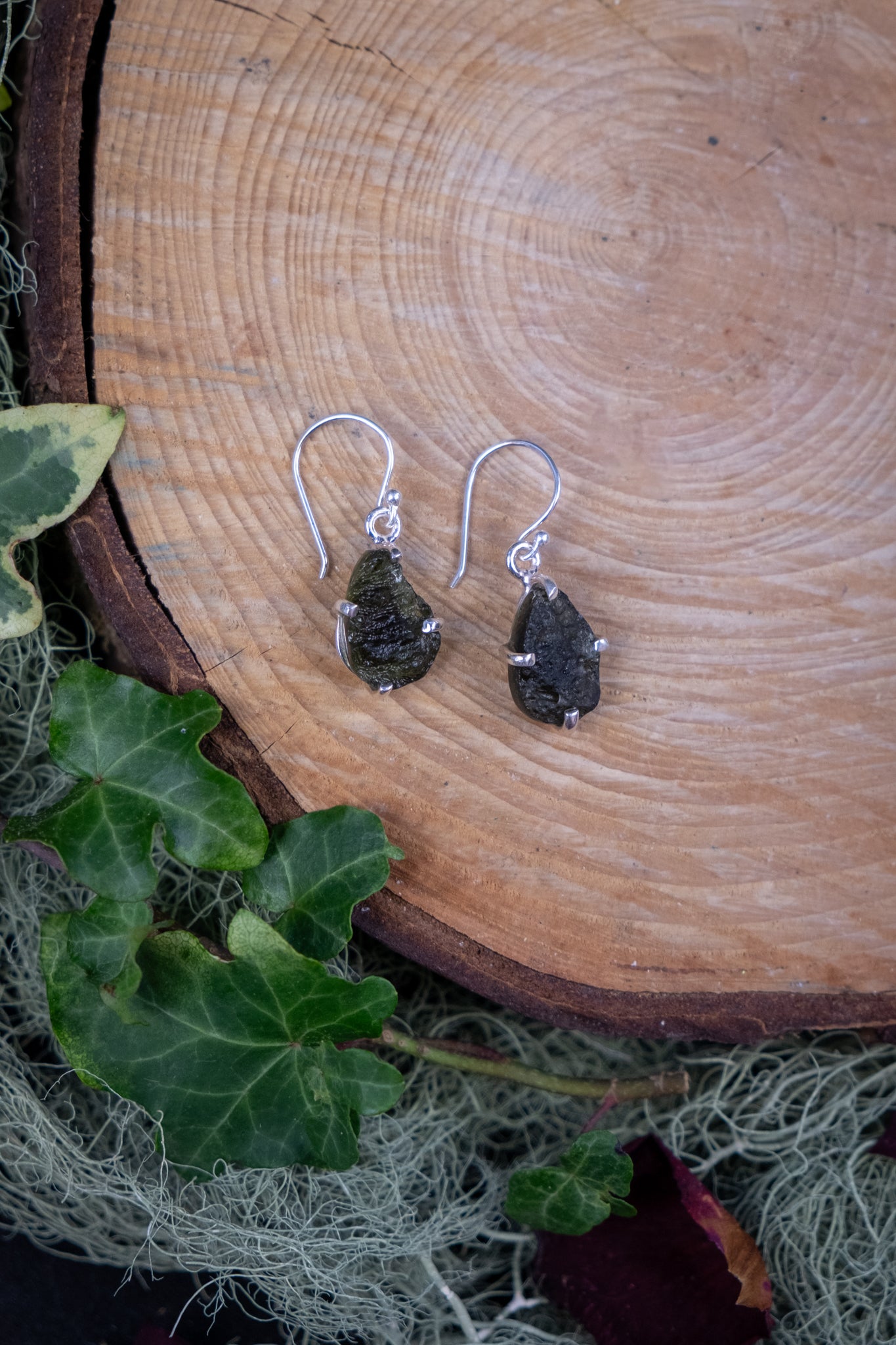 Moldavite Sterling Silver Teardrop Earrings, Natural Moldavite Crystal Jewellery, Transformation and Awakening Stone