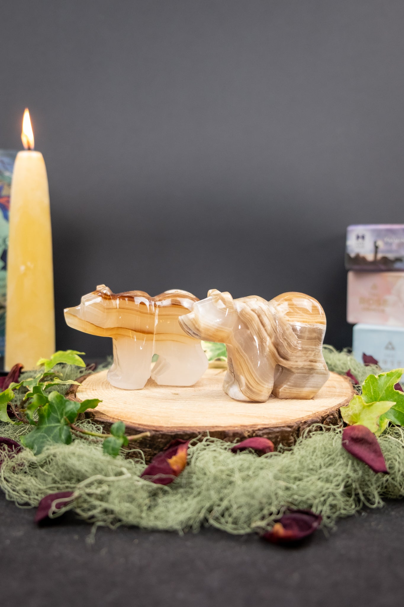 Amber Onyx Bear Carving, Crystal Animal Totem for Strength and Grounded Protection, Ethically Sourced from Pakistan