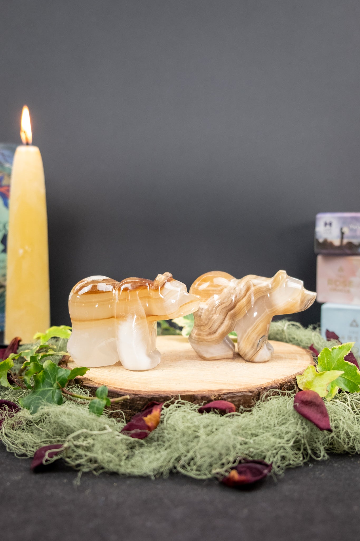 Amber Onyx Bear Carving, Crystal Animal Totem for Strength and Grounded Protection, Ethically Sourced from Pakistan
