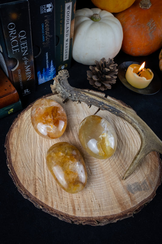 Golden Healer Quartz Crystal Palm Stone, Sun energy, Master Healer, Ethically sourced from Madagascar, AAA+ grade.