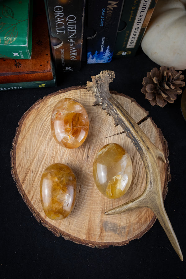 Golden Healer Quartz Crystal Palm Stone, Sun energy, Master Healer, Ethically sourced from Madagascar, AAA+ grade.