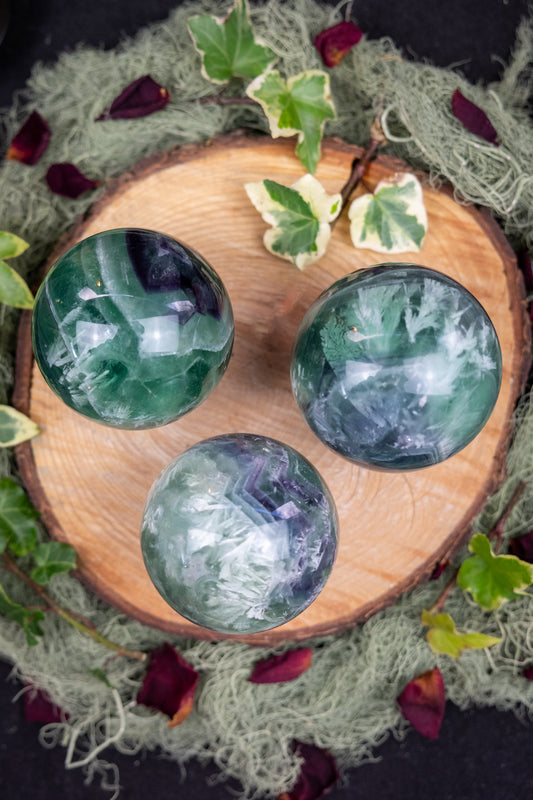 Feather Fluorite Sphere, High Grade Fluorite Crystal for Clarity Balance and Gentle Energetic Protection