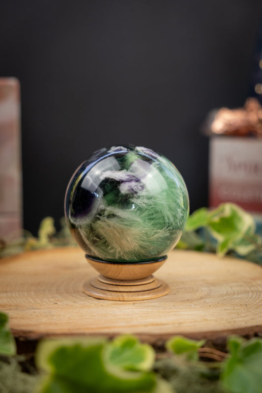 Feather Fluorite Sphere, Calming Crystal Ball, Fluorite Gemstone for Focus, Intuition and Energy Clearing, Spiritual Healing Stone