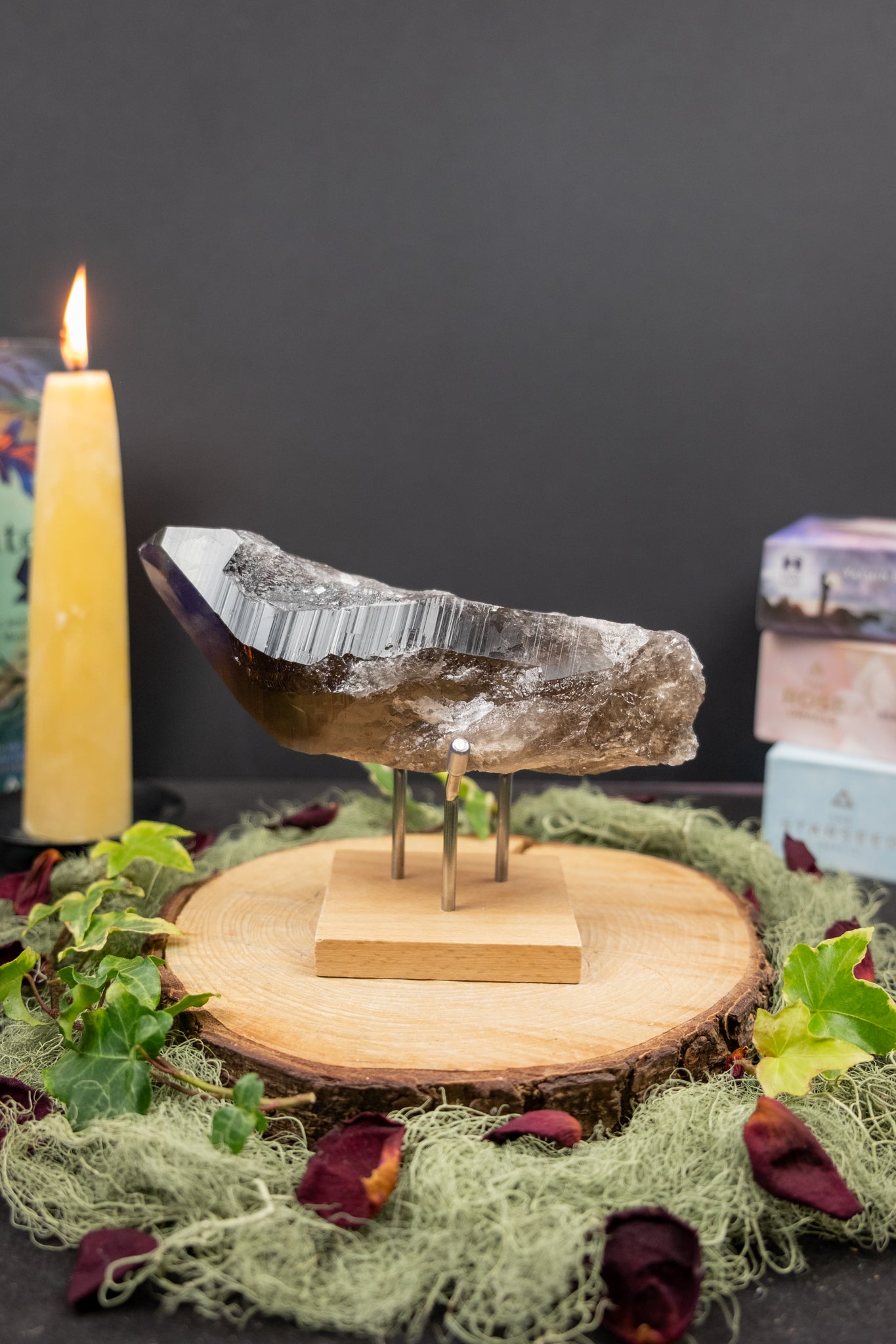 Dark Smokey Lemurian Quartz Point with Stand, High Grade Natural Lemurian Crystal, Deep Grounding Protection and Clarity, Meditation Crystal