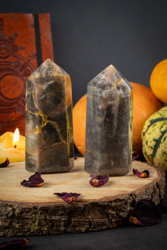 Black Moonstone crystal point, Dark Moon Crystal, New Moon intention setting, Grounding and protective crystal, Root chakra