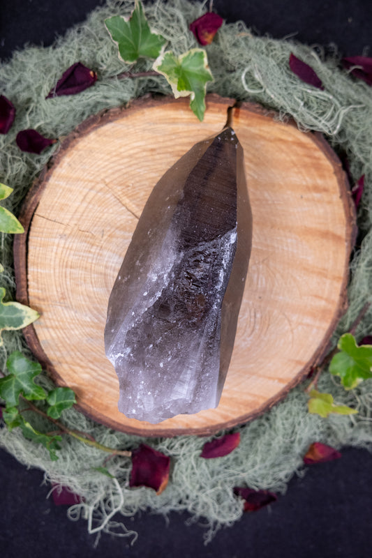 Smokey Lemurian Quartz Point with Stand
