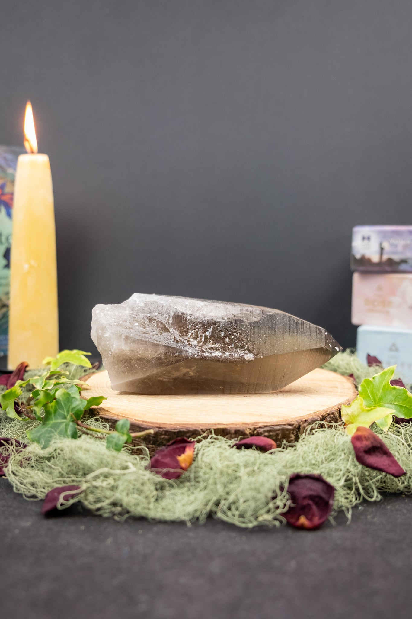 Smokey Lemurian Quartz Point with Stand