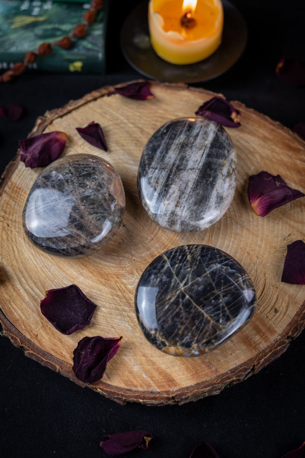 Black Moonstone crystal palm stone, Dark Moon Crystal, New Moon intention setting, Grounding and protective crystal, Root chakra