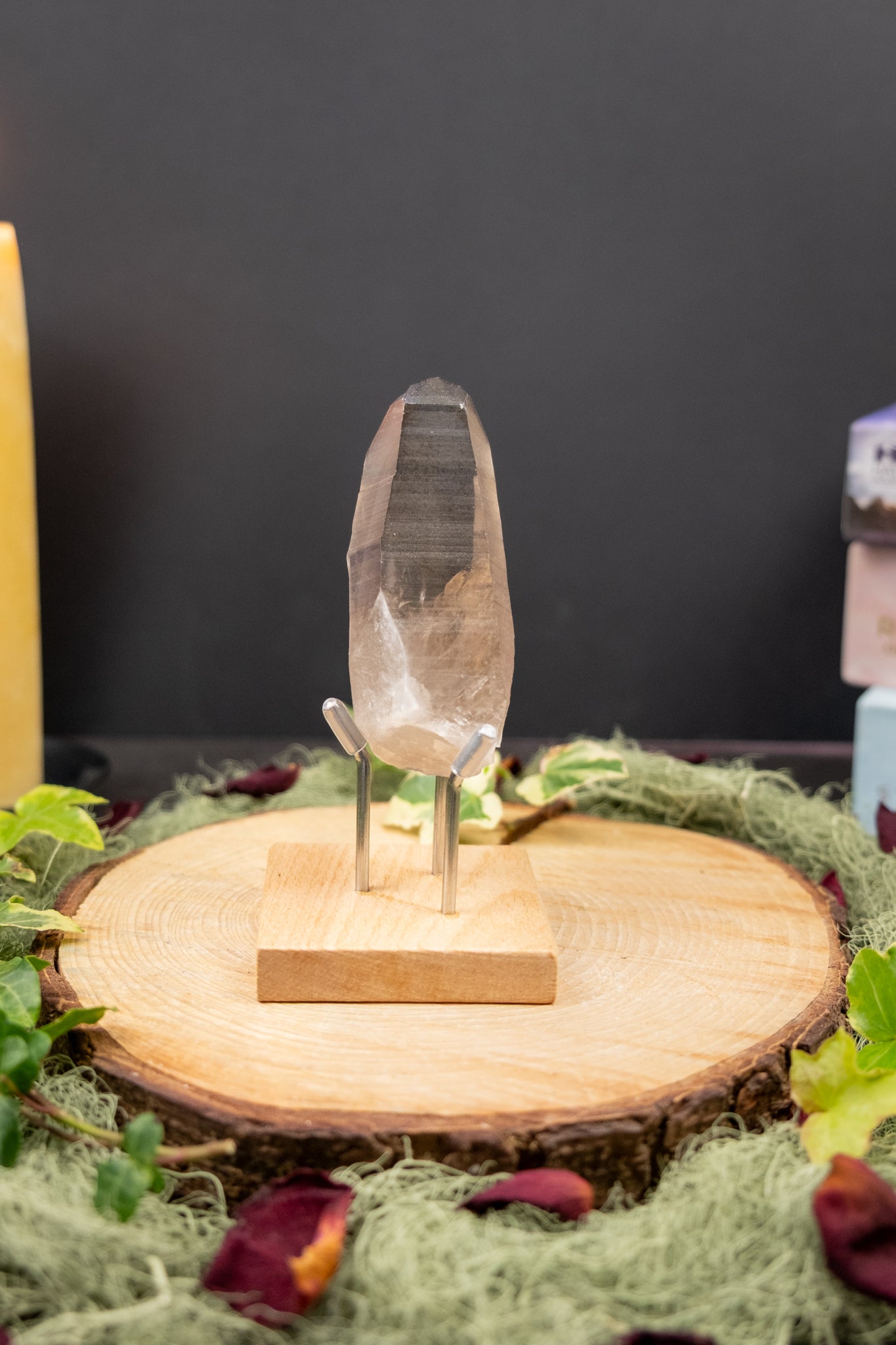 Smokey Lemurian Quartz Point on Stand, Self Healed Base, Window Face, Striated Lemurian Crystal for Grounded Clarity and Protection