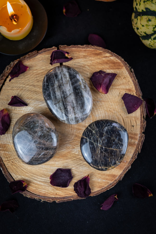 Black Moonstone crystal palm stone, Dark Moon Crystal, New Moon intention setting, Grounding and protective crystal, Root chakra