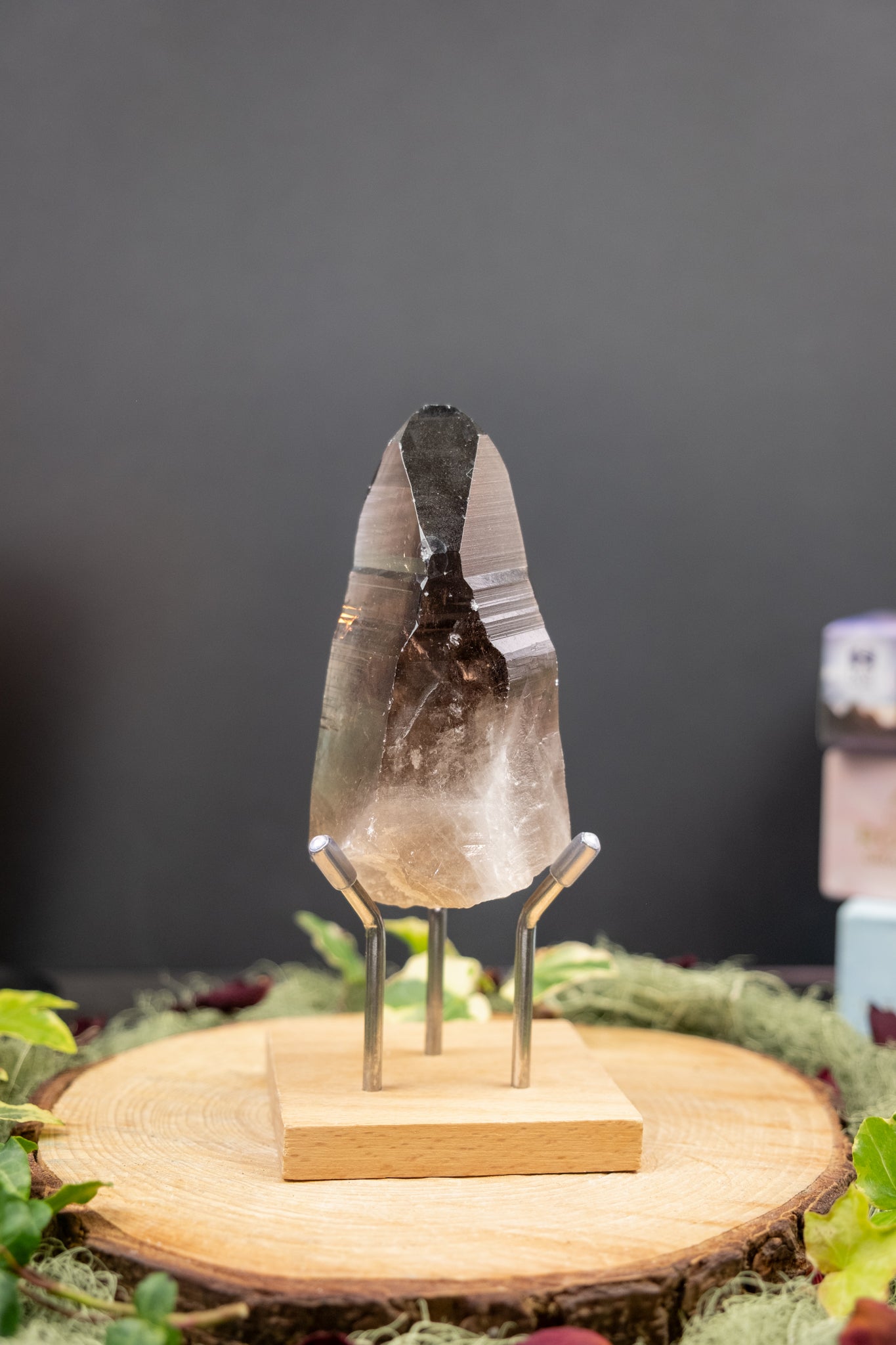 Smokey Lemurian Quartz Point on Stand, Natural Lemurian Crystal with Striations, Self Healed Clarity Stone for Grounding and Soul Alignment