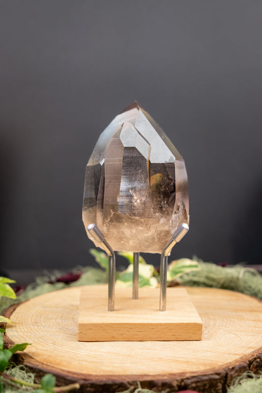 Twin Flame Smokey Lemurian Quartz Crystal Point with Window, Striations and Self Healed Base, High Clarity Ancient Lemurian Stone