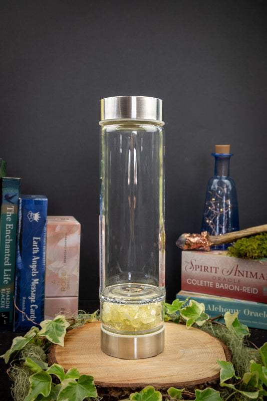 Citrine Crystal Water Bottle, Toughened Glass Gem Elixir Bottle for Joy Positivity Energy Boost and Manifestation Rituals